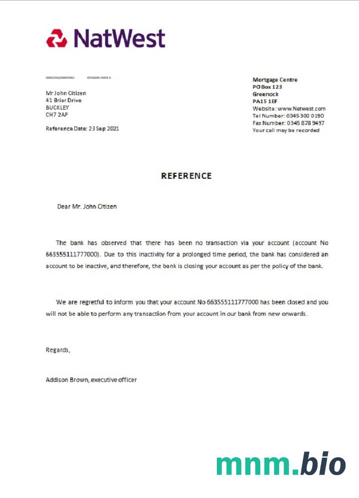 Przykład odniesienia do zamknięcia w Wielkiej Brytanii Natwest w formatach Word i PDF